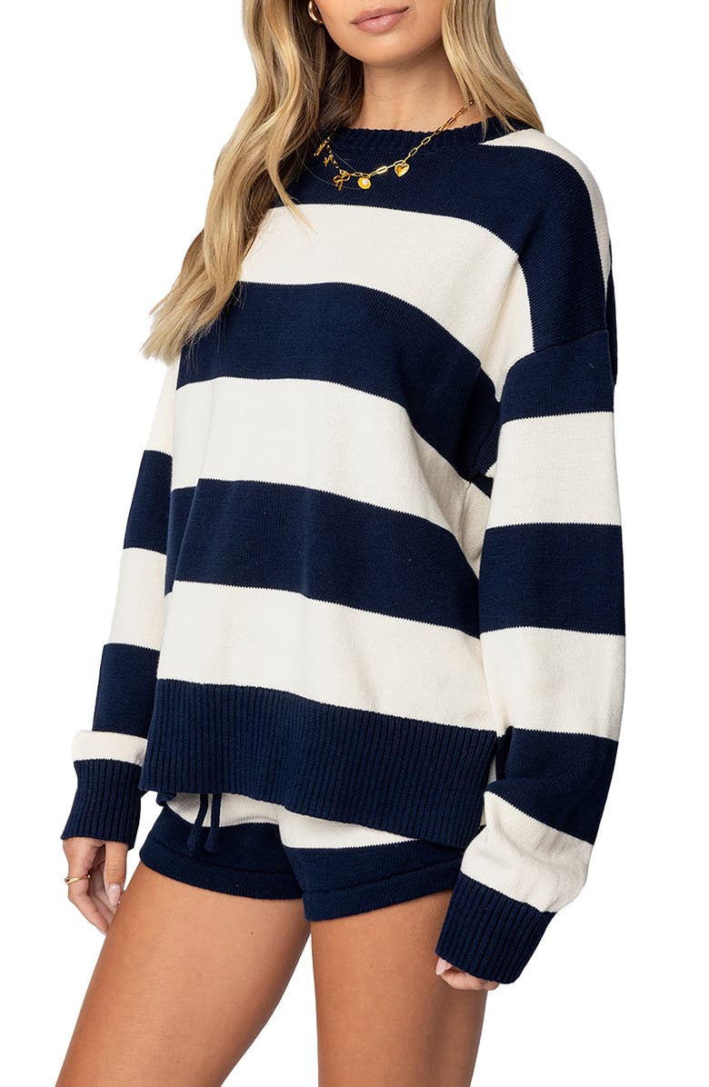 EDIKTED Riley Oversize Stripe Cotton Sweater, Alternate, color, Navy-And-Cream