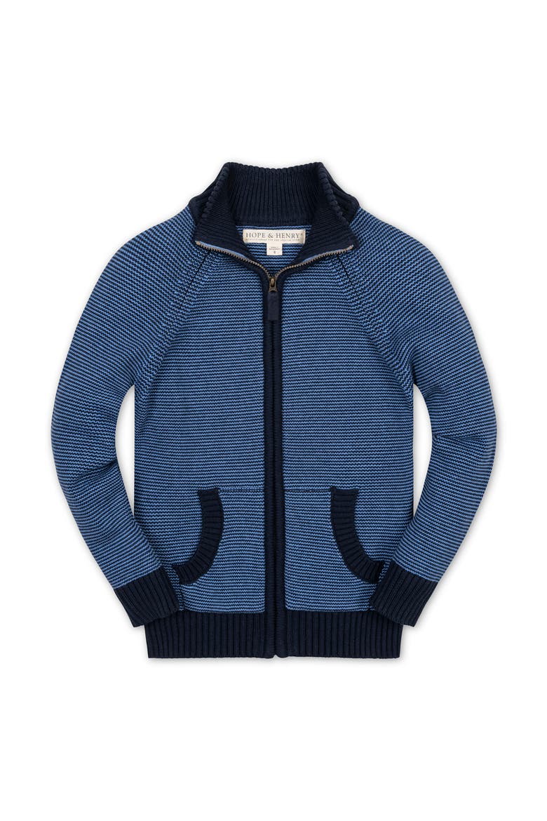Kids' Organic Full Zip Raglan Mock Neck Sweater, Main, color, Blue Microstripe
