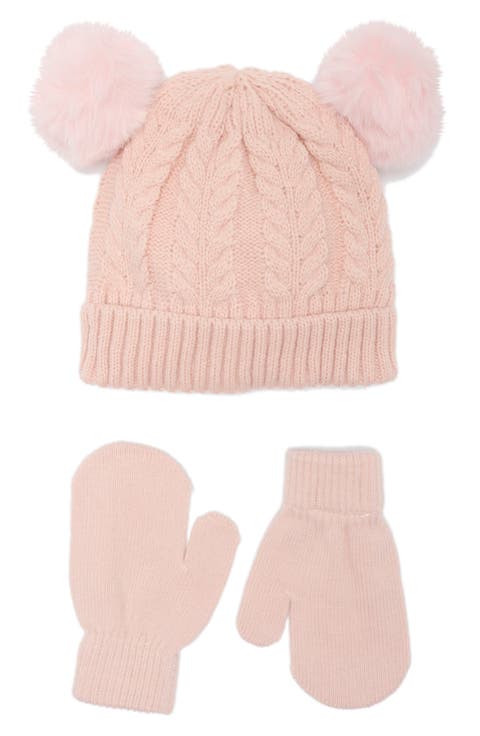 Pom Pom Cable Knit Cap & Mittens Set (Baby)