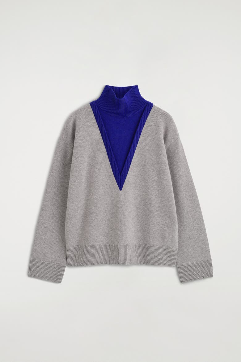 Layered Mock-Neck Merino Wool Sweater, Alternate, color, GRAY / COBALT