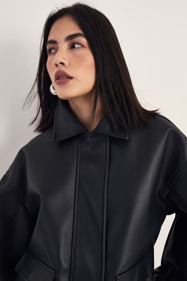 Longline Faux Leather Bomber Jacket, Alternate, color, Black