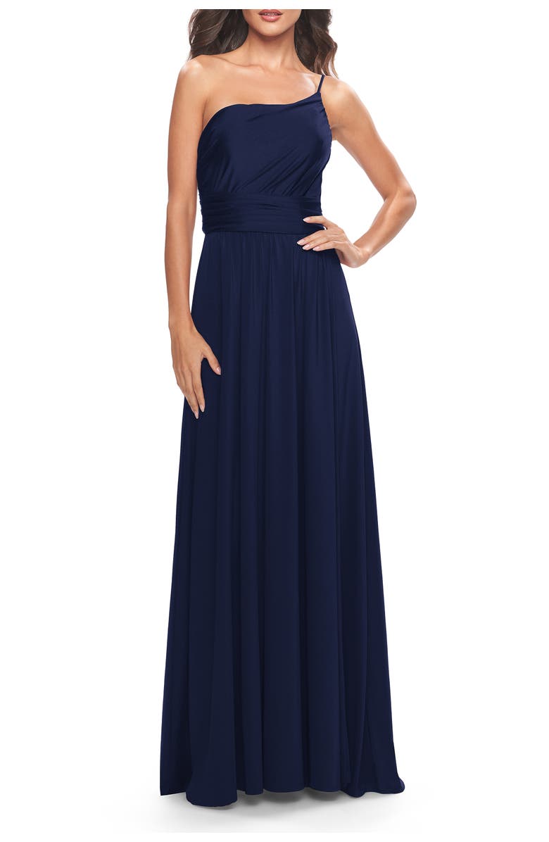La Femme Chic One Shoulder Long Jersey Gown with Defined Waist, Main, color, Navy