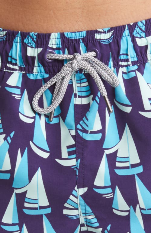 Tom & Teddy Boat Print Swim Trunks In Mulberry & Blue
