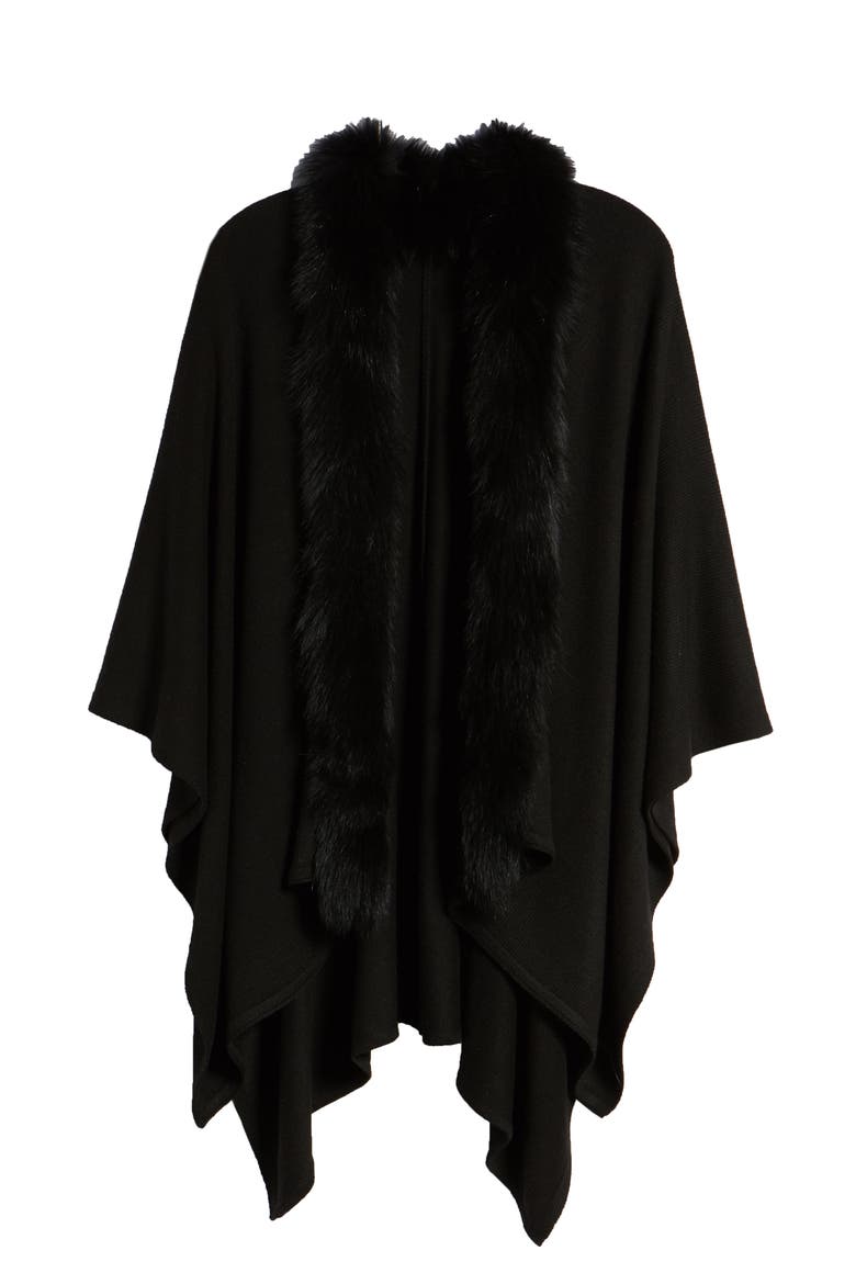 Wool Blend Wrap with Genuine Fox Fur Trim, Alternate, color, BLACK