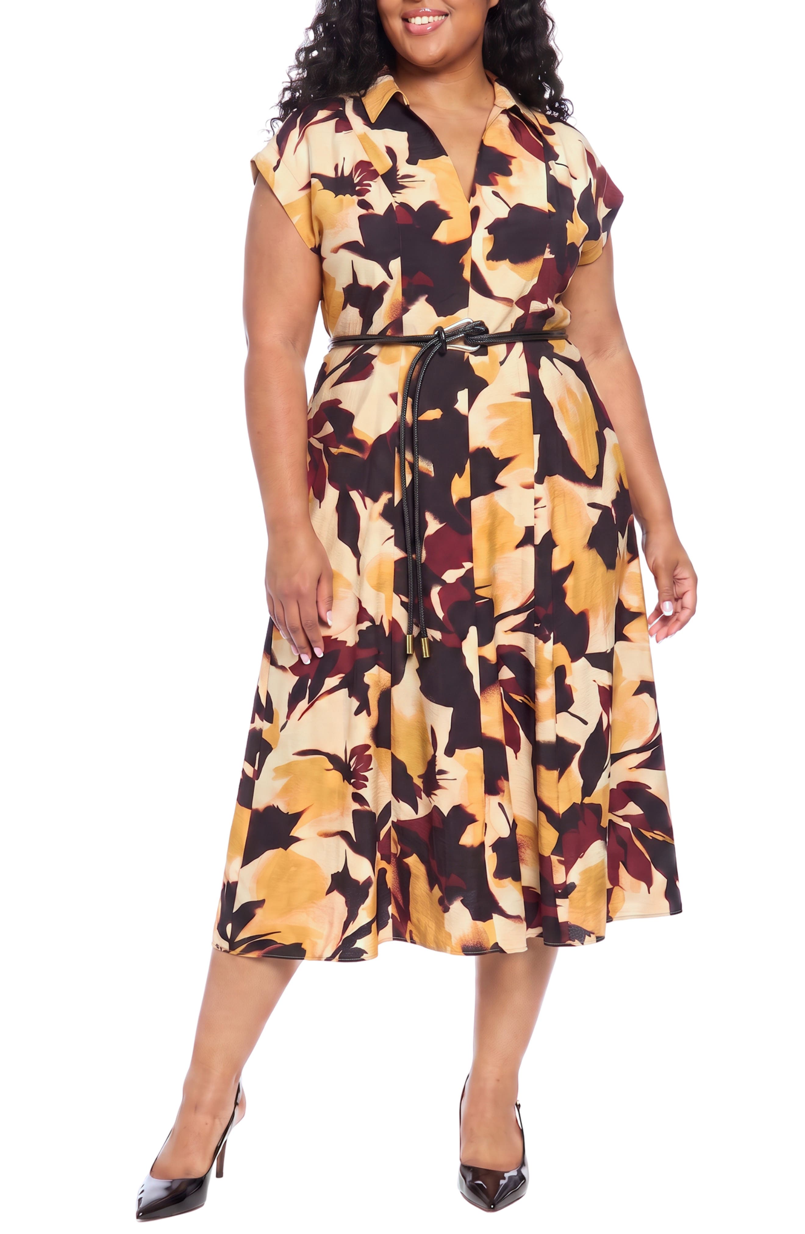 Cap-Sleeved Collared Midi Dress