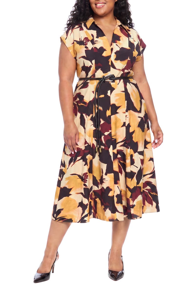 Cap-Sleeved Collared Midi Dress, Main, color, TAN/ GOLD
