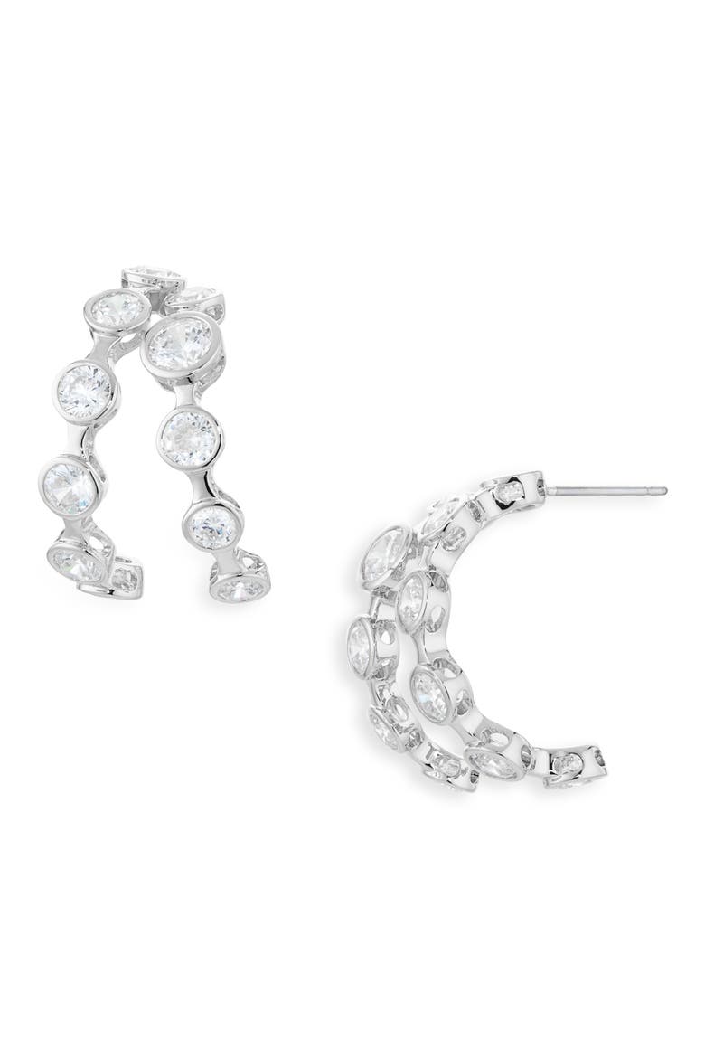 Brooklyn Cubic Zirconia Double Row Hoop Earrings, Main, color, RHODIUM
