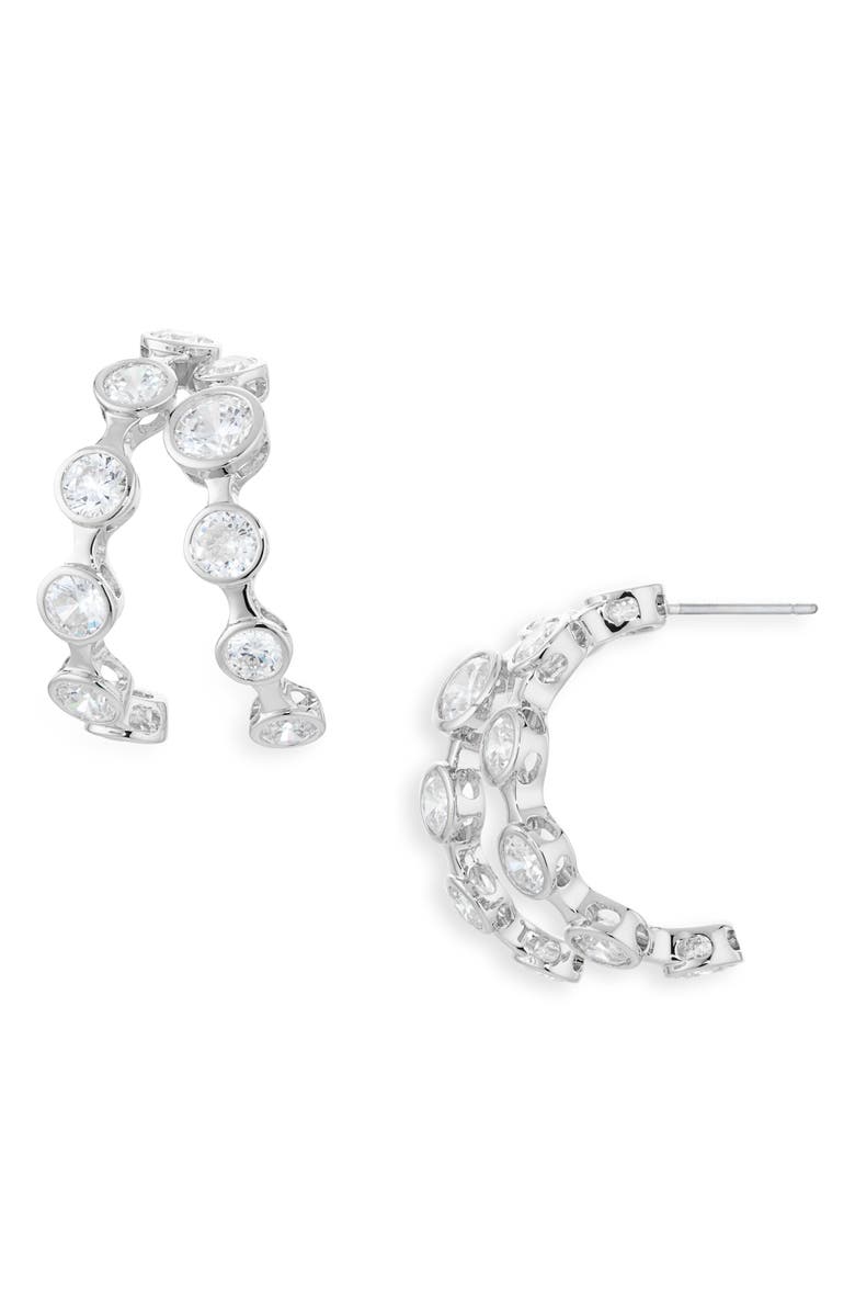 Nadri Brooklyn Cubic Zirconia Double Row Hoop Earrings, Main, color, Rhodium