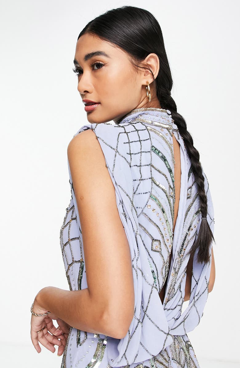 ASOS DESIGN Drape Back Embellished Midi Dress, Alternate, color, Medium Blue