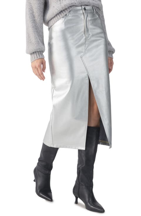 Metallic Faux Leather Midi Skirt