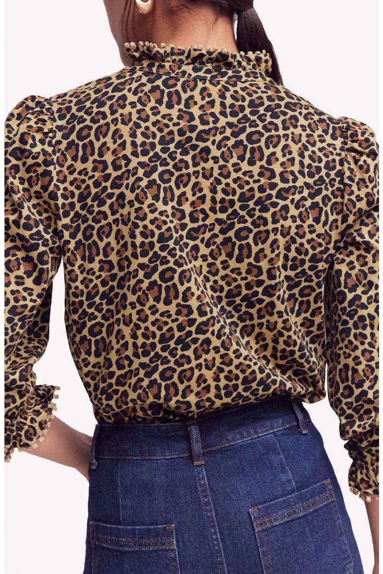 Emily Pom Detail Ruffle Shirt, Alternate, color, CAMEL, CHEETAH POP