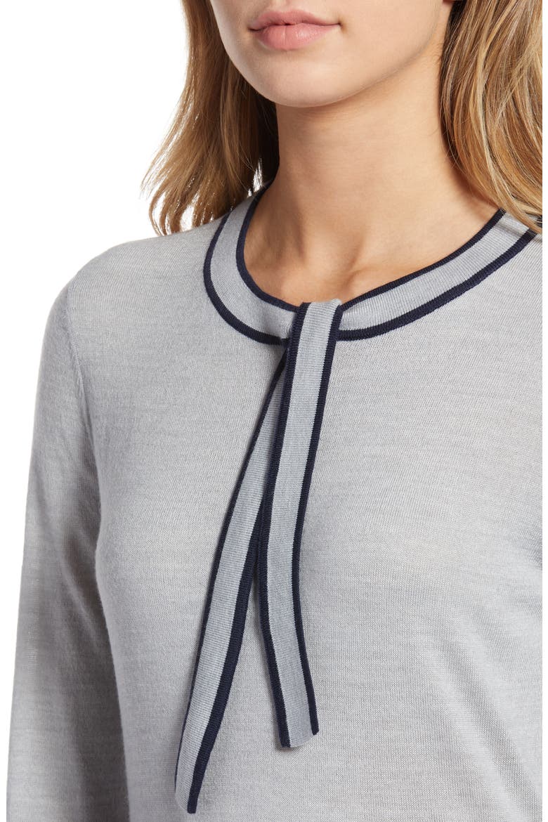 Tipped Tie Neck Wool Blend Sweater, Alternate, color, GREY HEATHER- NAVY
