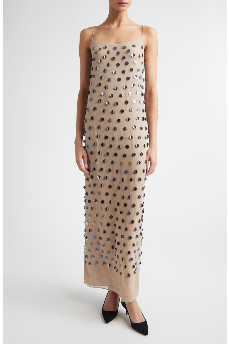 Paillette Embroidered Georgette Slipdress, Main, color, TAUPE