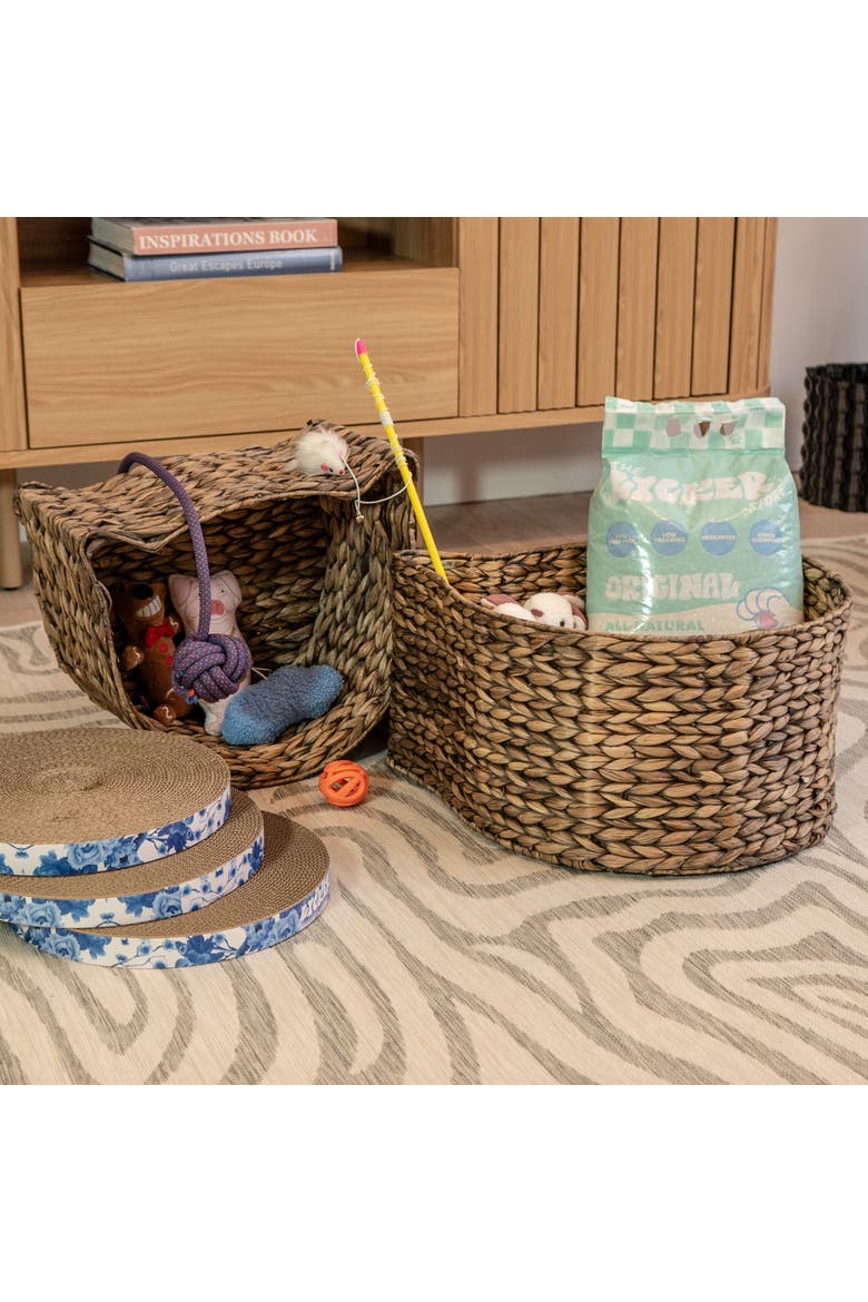 Felix Cat-Shaped Hand Woven Water Hyacinth Nesting Pet Toy Organizer Baskets, Alternate, color, Brown
