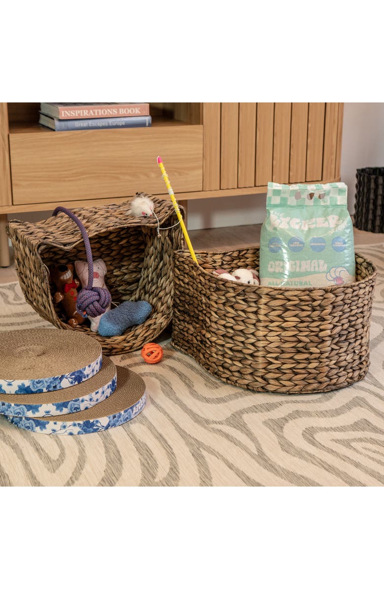 The Licker Store Felix Cat-Shaped Hand Woven Water Hyacinth Nesting Pet Toy Organizer Baskets, Alternate, color, Brown