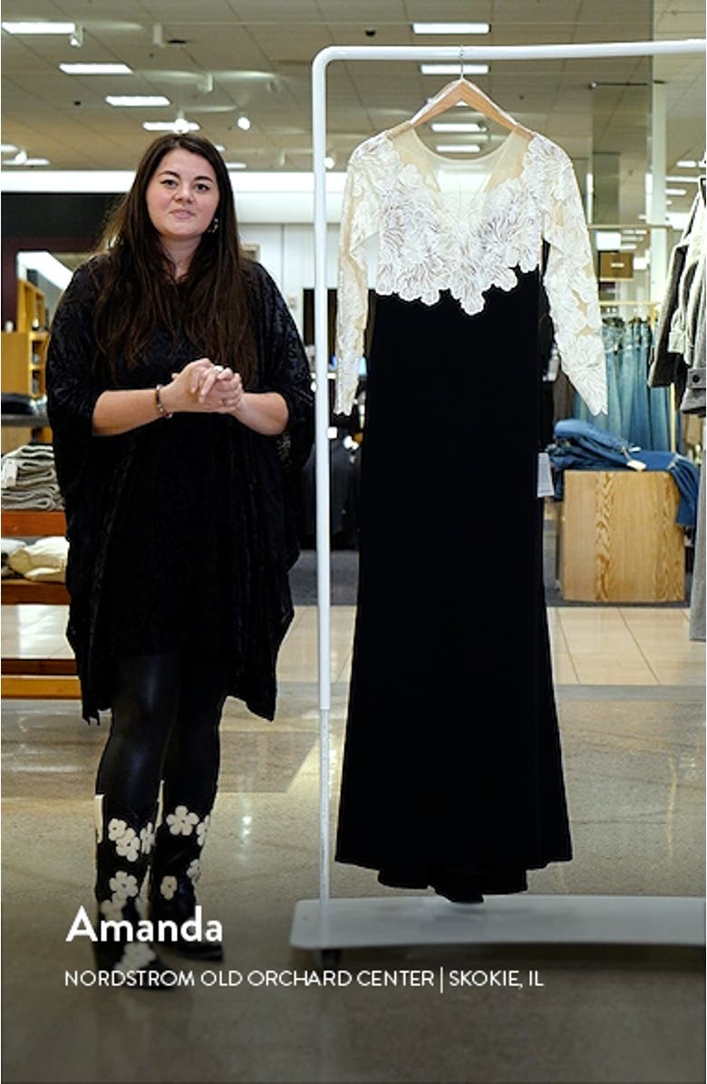 Floral Lace Bodice Mixed Media Long Sleeve Gown, sales video thumbnail