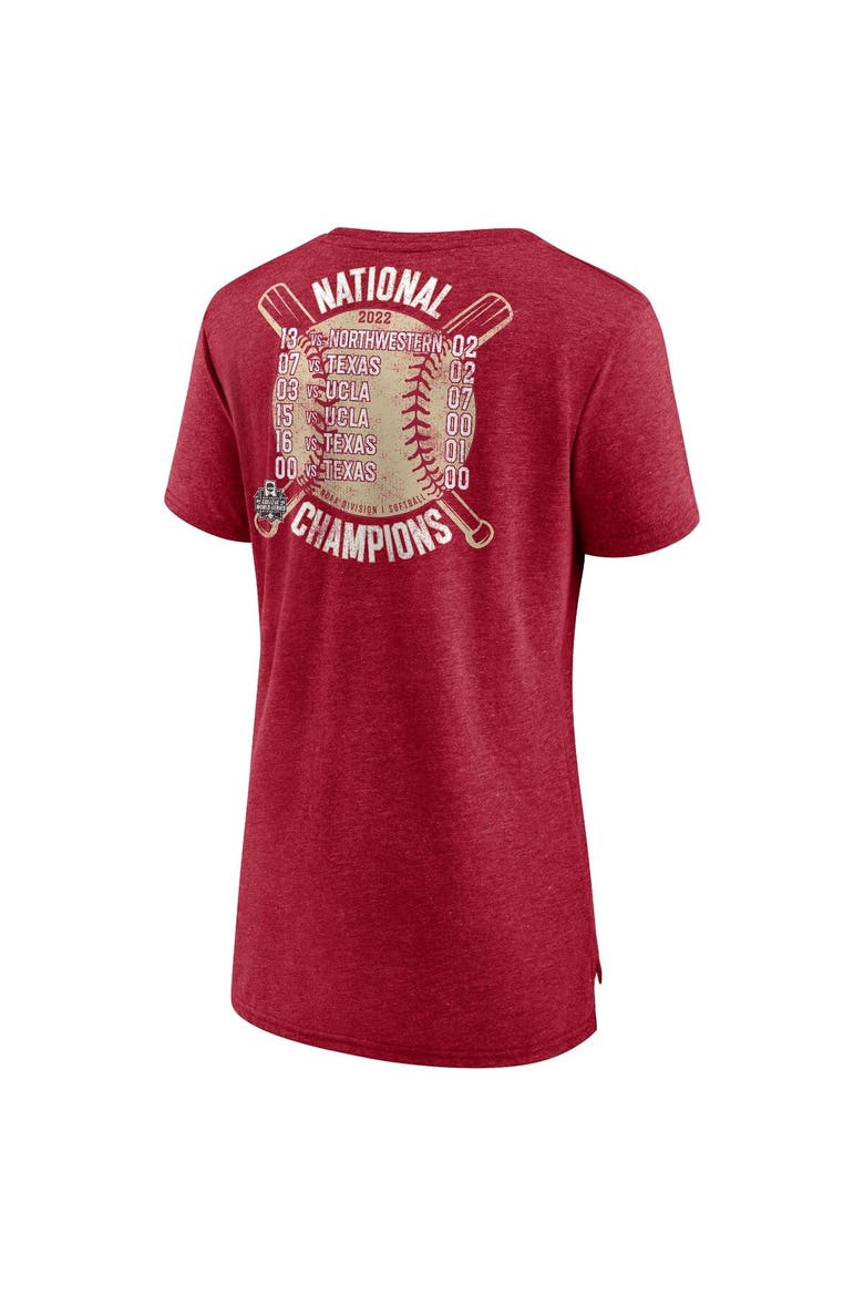 Women's Fanatics Branded Heathered Crimson Oklahoma Sooners 2022 NCAA Softball Women's College World Series Champions Slide Schedule T-Shirt, Alternate, color, Crimson