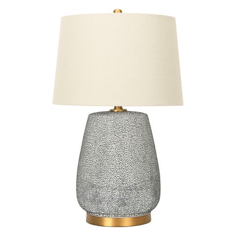 Textured Stoneware Table Lamp with Gold Accents and Linen Shade, Blue and Gold