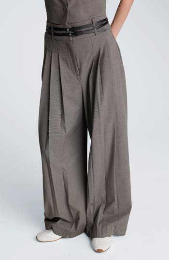 Kenneth Cole Double Pleat High Waist Wide Leg Pants in Black/Oyster at Nordstrom Rack, Size 6