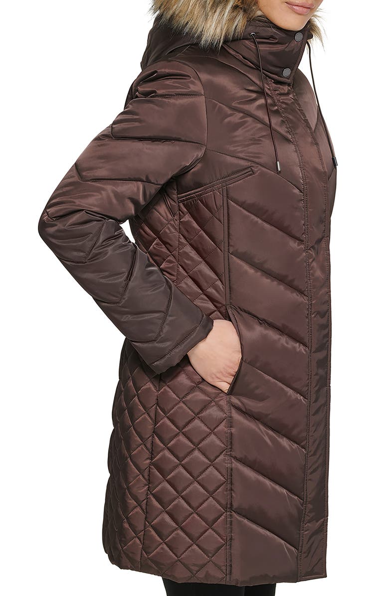 Kenneth Cole New York Faux Fur Trim Longline Puffer Jacket, Alternate, color, Dark Roast