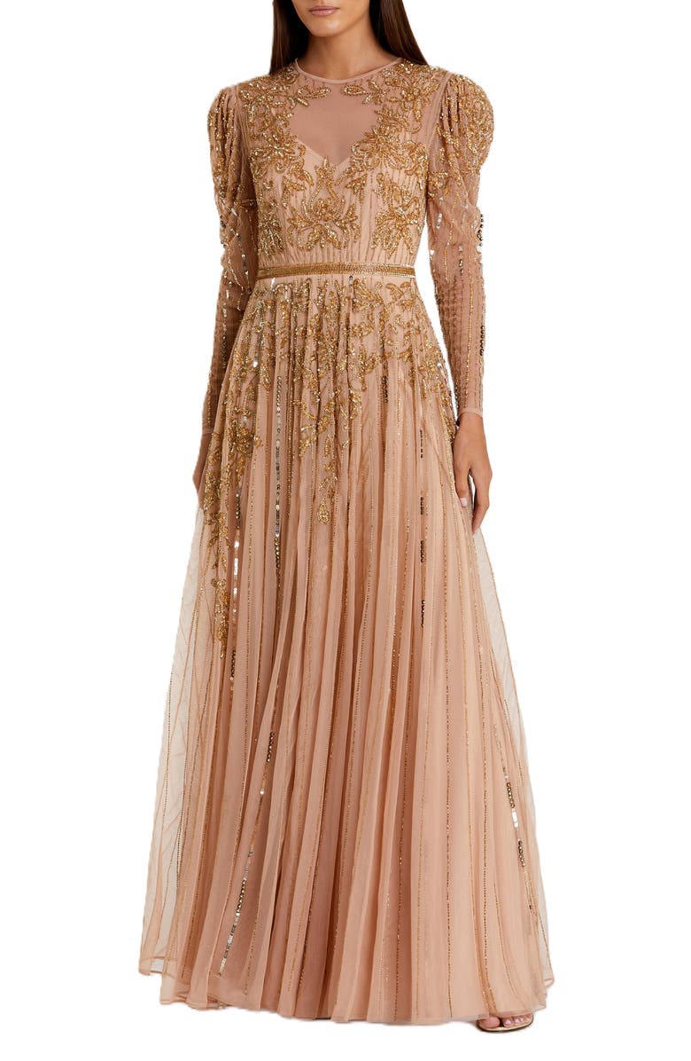 Mac Duggal Beaded Illusion Puff Sleeve Gown, Main, color, Nude Gold