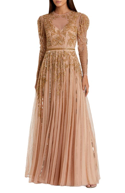 Mac Duggal Beaded Illusion Puff Sleeve Gown In Nude Gold