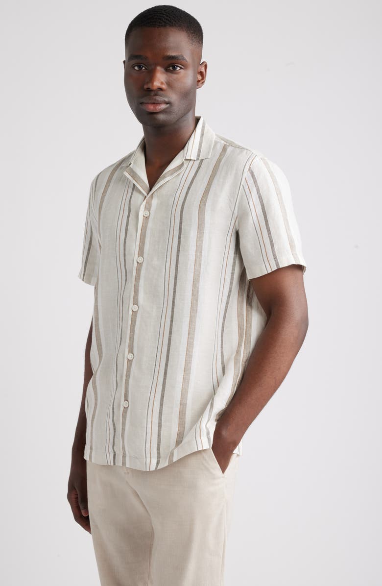 Nordstrom Stripe Linen Camp Shirt, Alternate, color, Beige Bruce Stripe