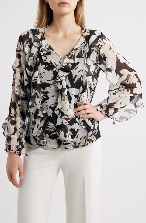 Print Ruffle Tie Neck Top