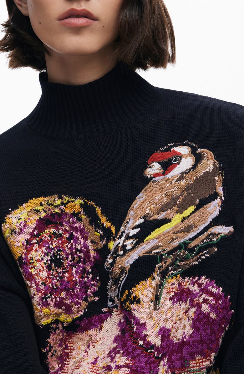 Desigual Embroidered Mock Neck Sweater, Alternate, color, Black