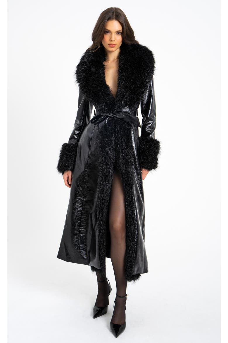 Zella Longline Vegan Croc Leather Coat with Fur Trim, Main, color, Black