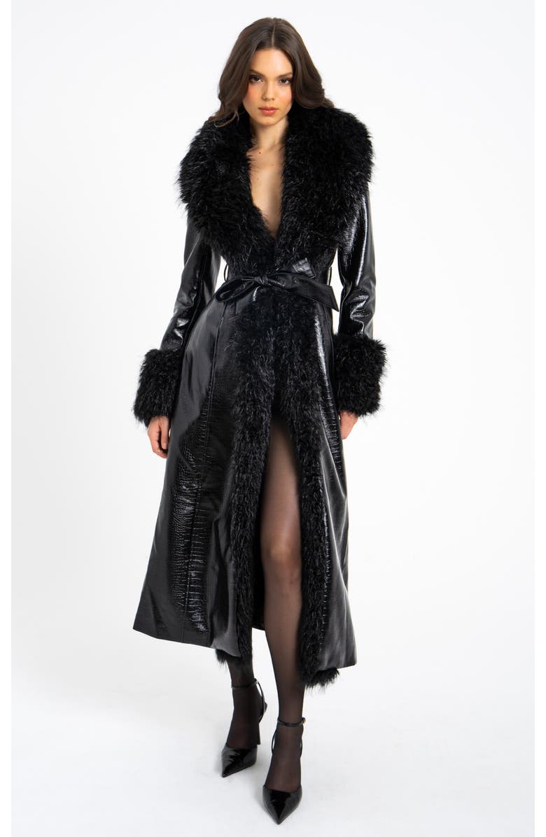 Miss Circle Zella Longline Vegan Croc Leather Coat with Fur Trim, Main, color, Black