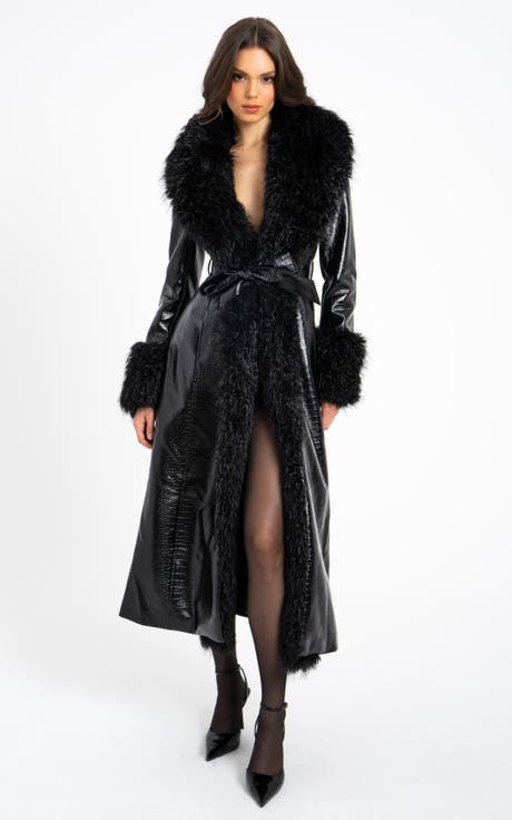 Zella Longline Vegan Croc Leather Coat with Fur Trim
