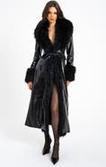 Miss Circle Zella Longline Vegan Croc Leather Coat with Fur Trim