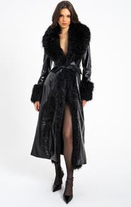 Miss Circle Zella Longline Vegan Croc Leather Coat with Fur Trim