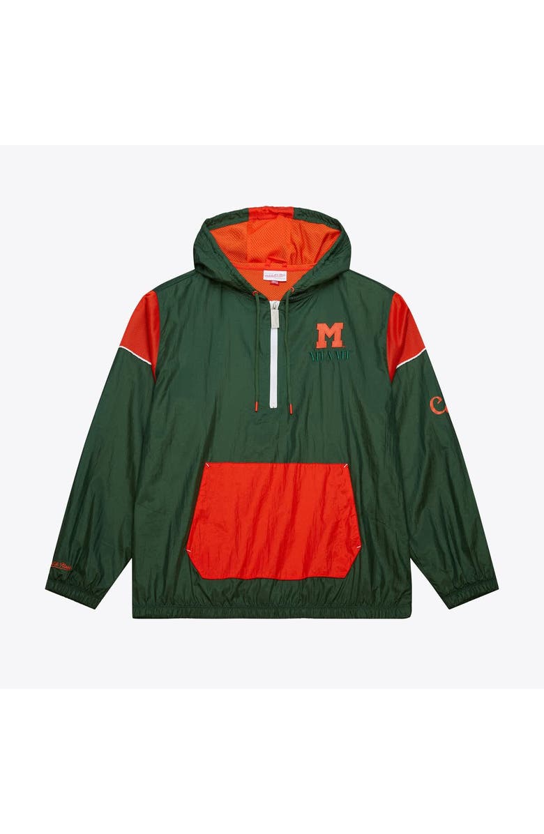 Mitchell & Ness Men's Mitchell & Ness Green Miami Hurricanes Anorak Vintage Logo Half-Zip Hoodie Jacket, Main, color, Green