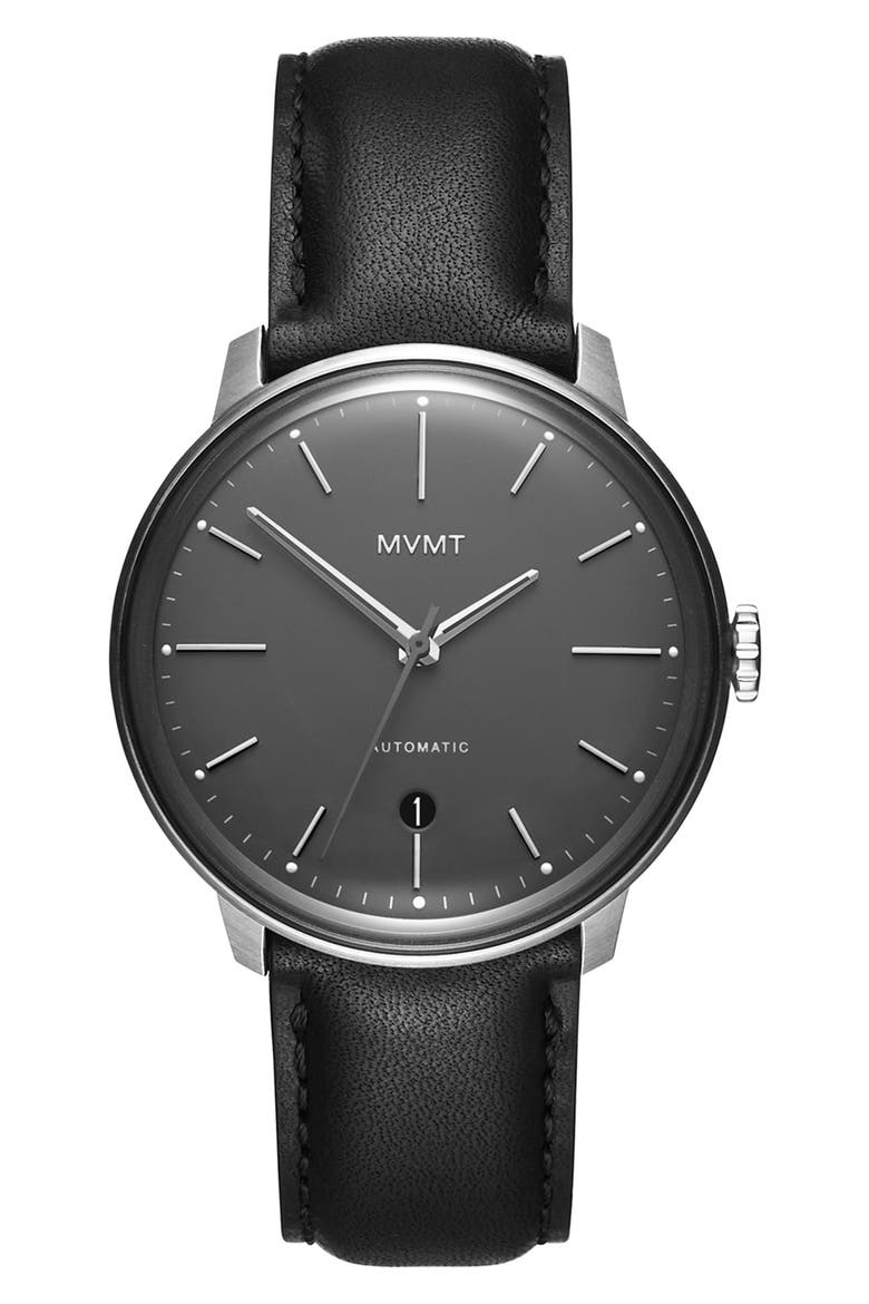 MVMT Automatic Leather Strap Watch, 41mm, Main, color, GUNMETAL/ BLACK