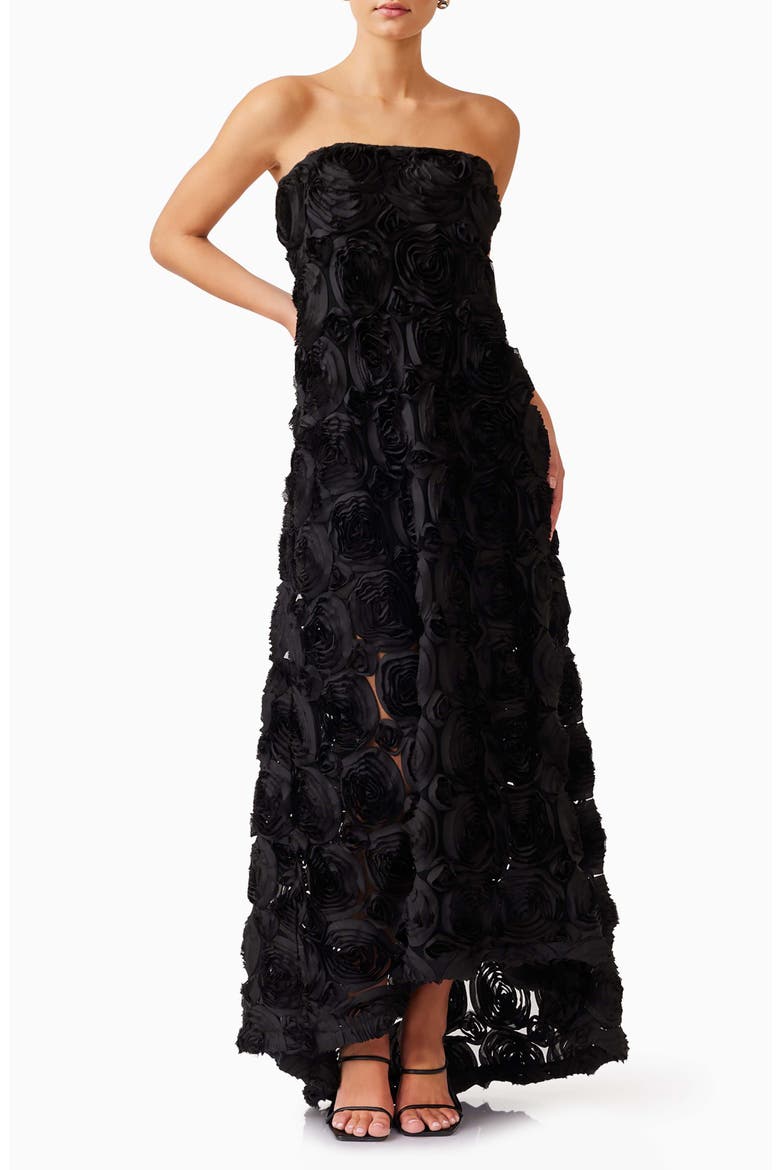 Selena Rosette Strapless Maxi Dress, Main, color, BLACK