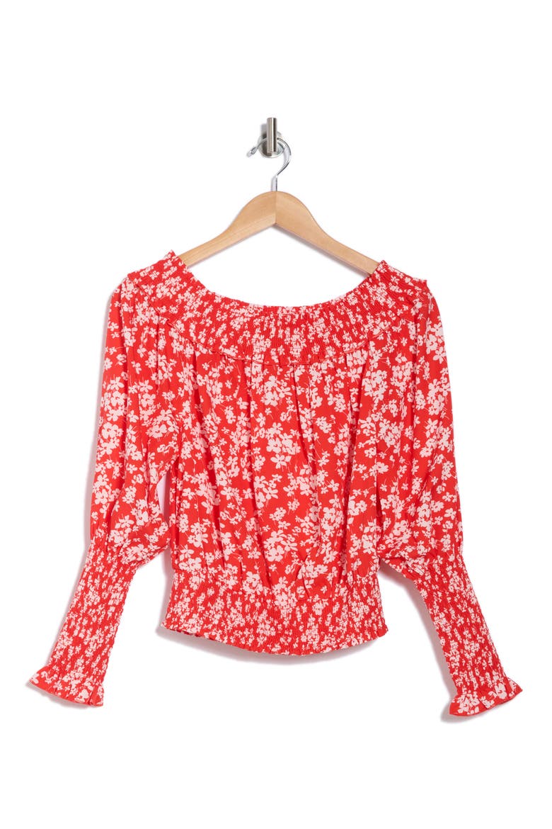 Smocked Off-the-Shoulder Top, Alternate, color, RED