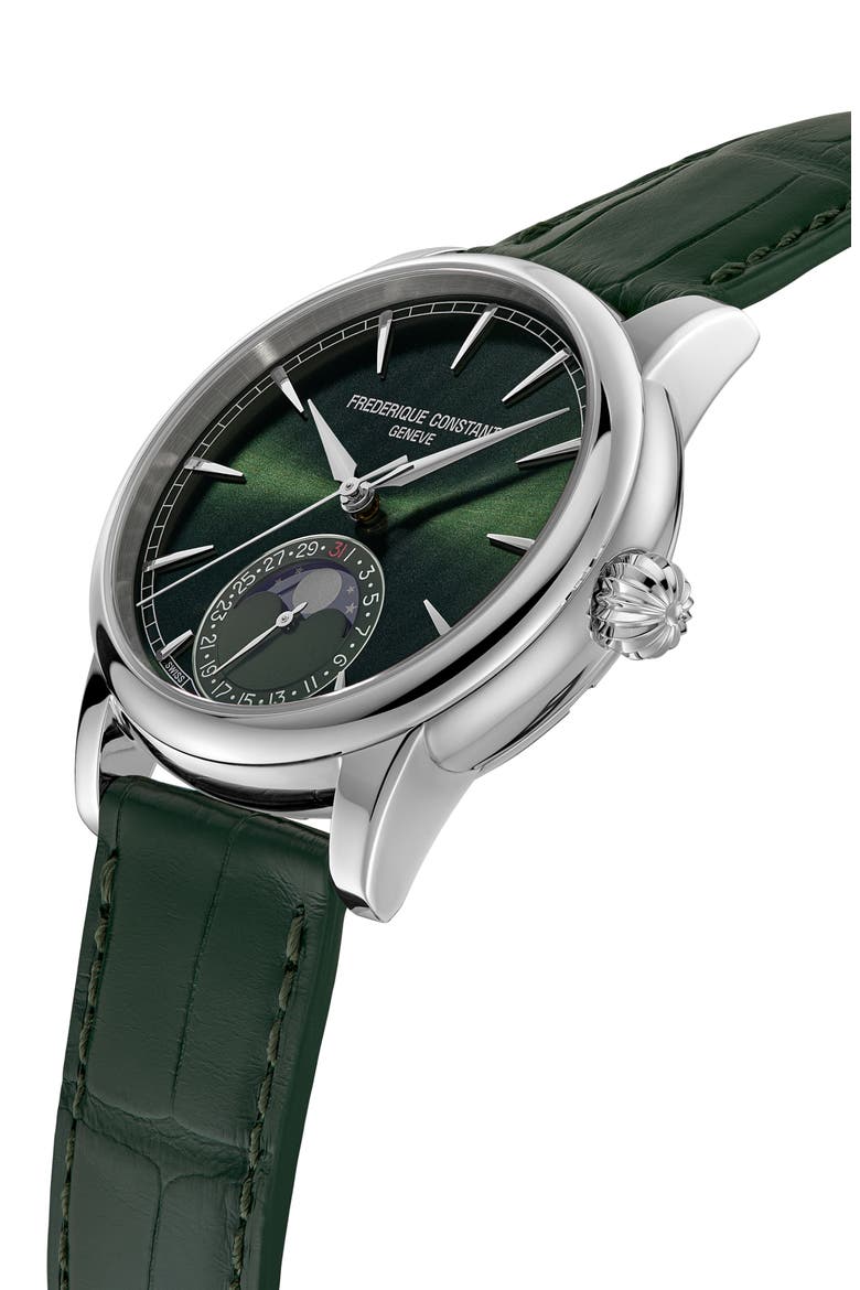 Classic Moonphase Date Leather Strap Watch, 40mm, Alternate, color, GREEN