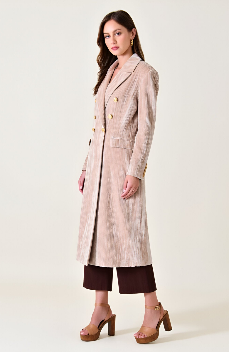 Modenaire Velvet Double-Breasted Coat with Structured Lapels and Buttons, Alternate, color, Beige