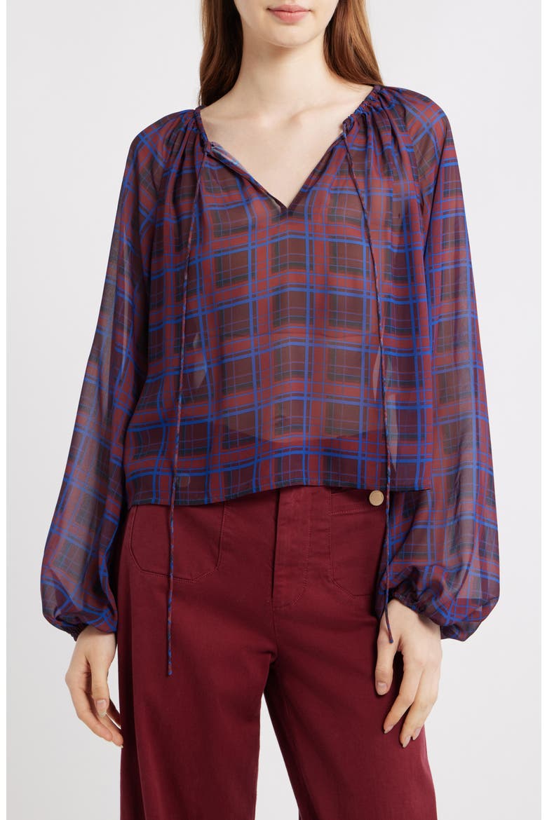 Plaid Balloon Top, Main, color, BURGUNDY MULTI