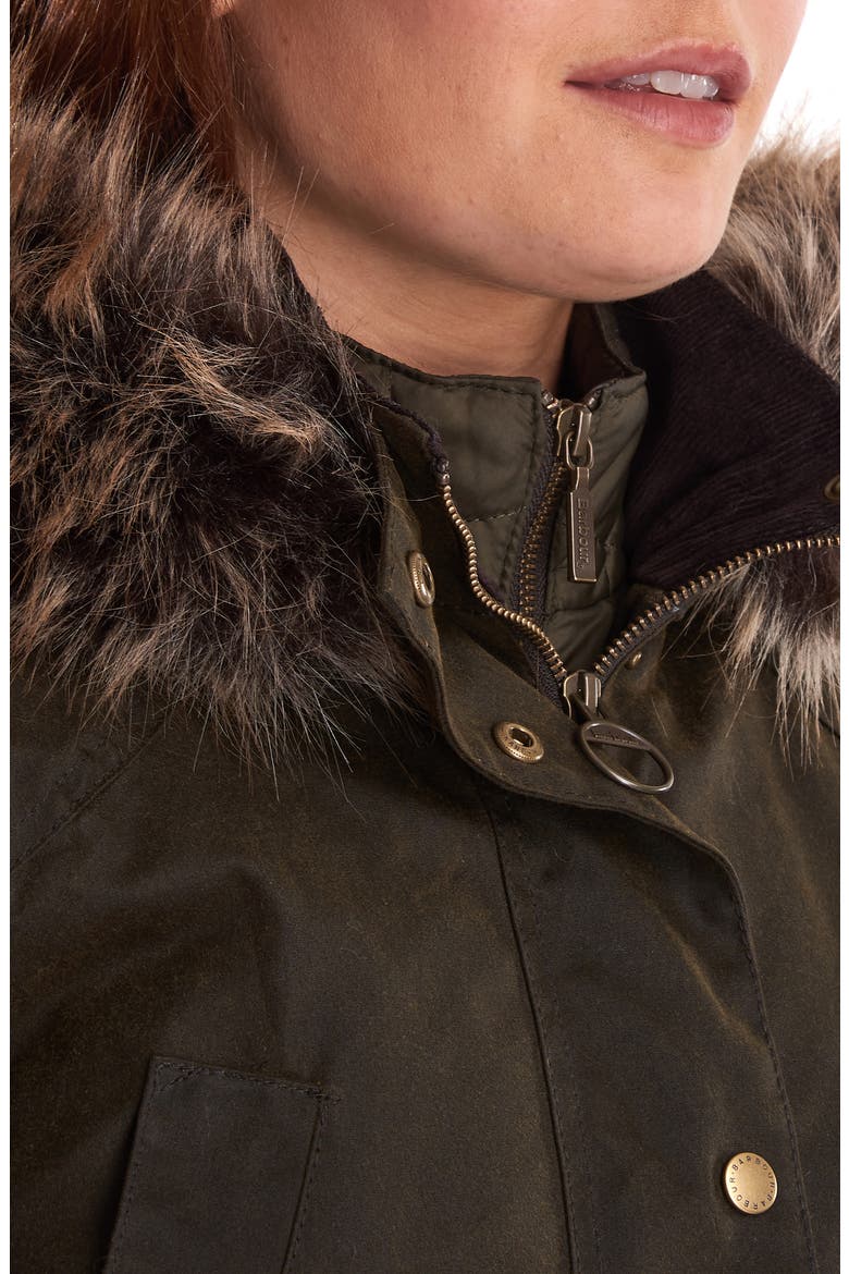 Thrunton Waxed Cotton Jacket with Faux Fur Trim, Alternate, color, OLIVE/ CLASSIC