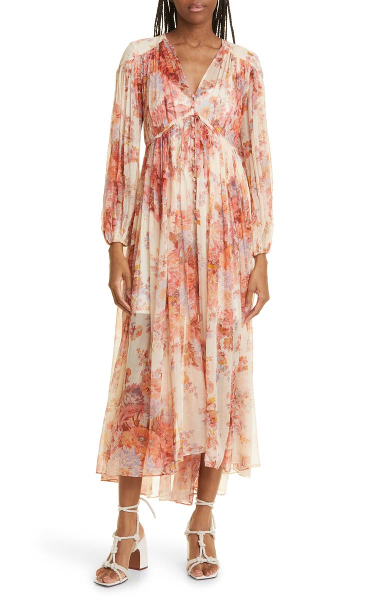 Zimmermann Devi Gathered Yoke Long Sleeve Chiffon Maxi Dress, Main, color, 