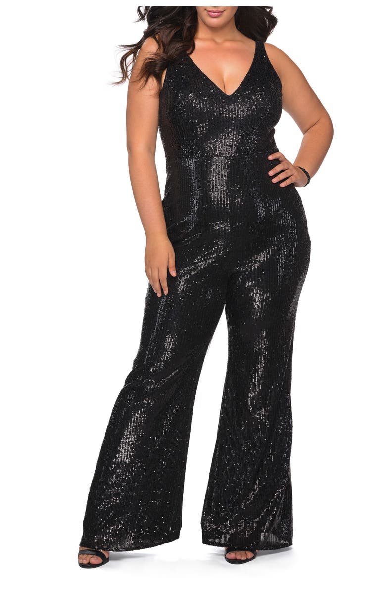 La Femme Sequin Plus SIze Jumpsuit with Plunging Neckline, Main, color, Black