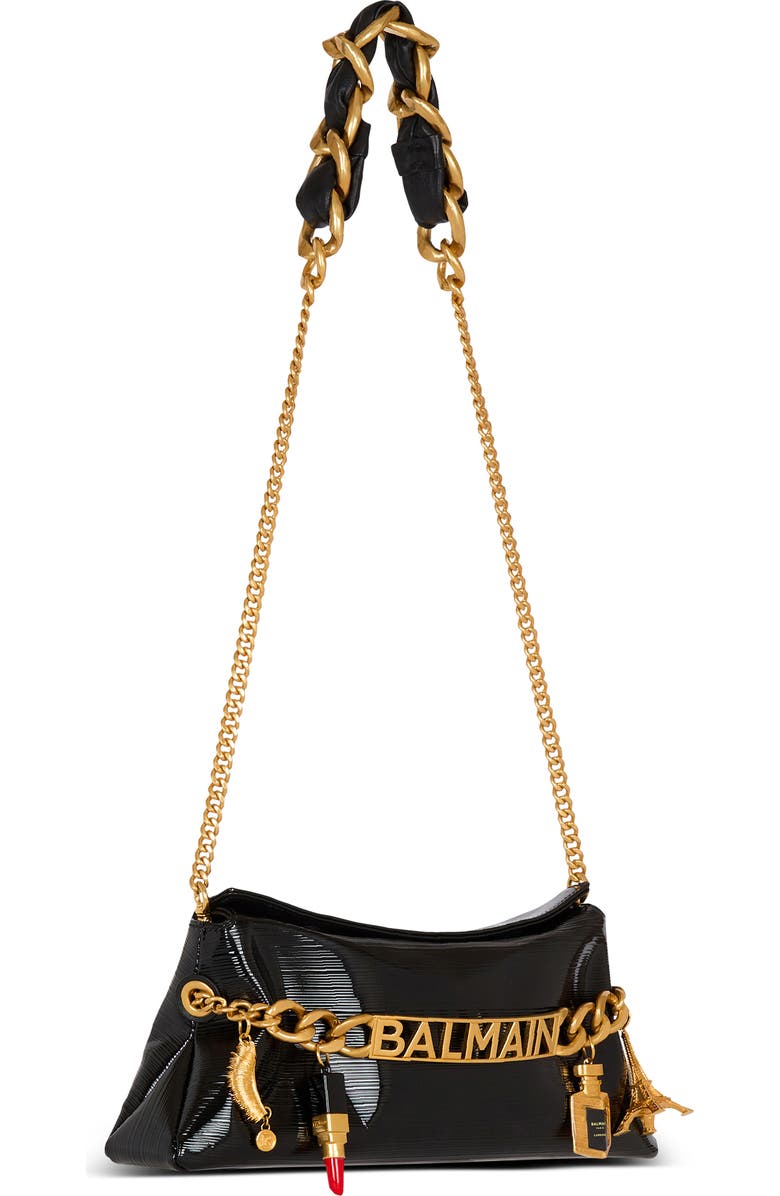 Balmain 1945 Charm Chain Soft Patent Leather Clutch, Alternate, color,