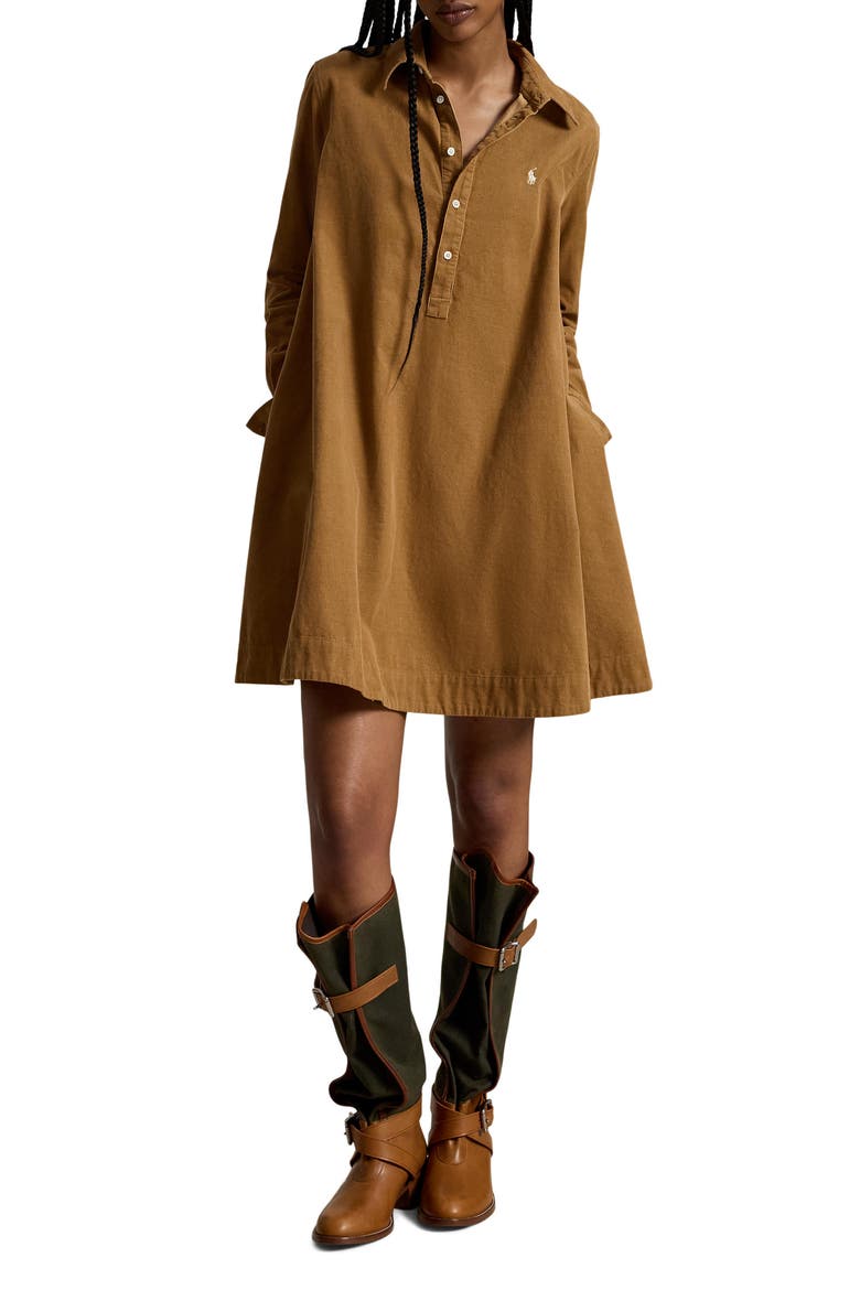 Long Sleeve Cotton Corduroy Shirtdress, Main, color, TAN