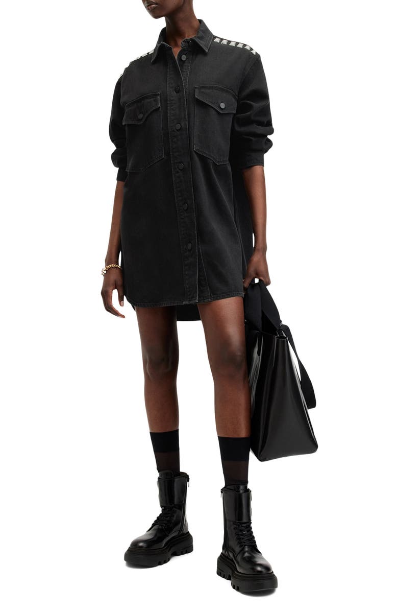 AllSaints Lily Denim Studded Long Sleeve Shirtdress, Alternate, color, Black