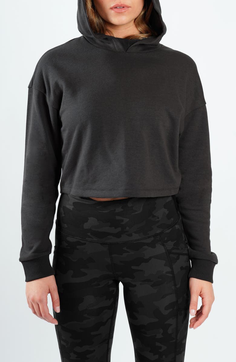 90 DEGREE BY REFLEX French Terry Crop Hoodie, Main, color, Black/ Black Camo Multi