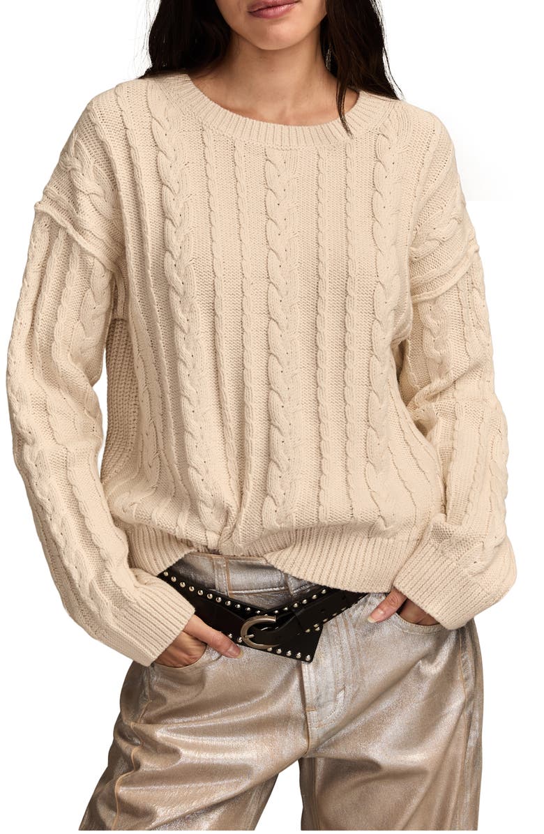 Lucky Brand Cable Stitch Crewneck Cotton Sweater, Main, color, Whitecap Gray