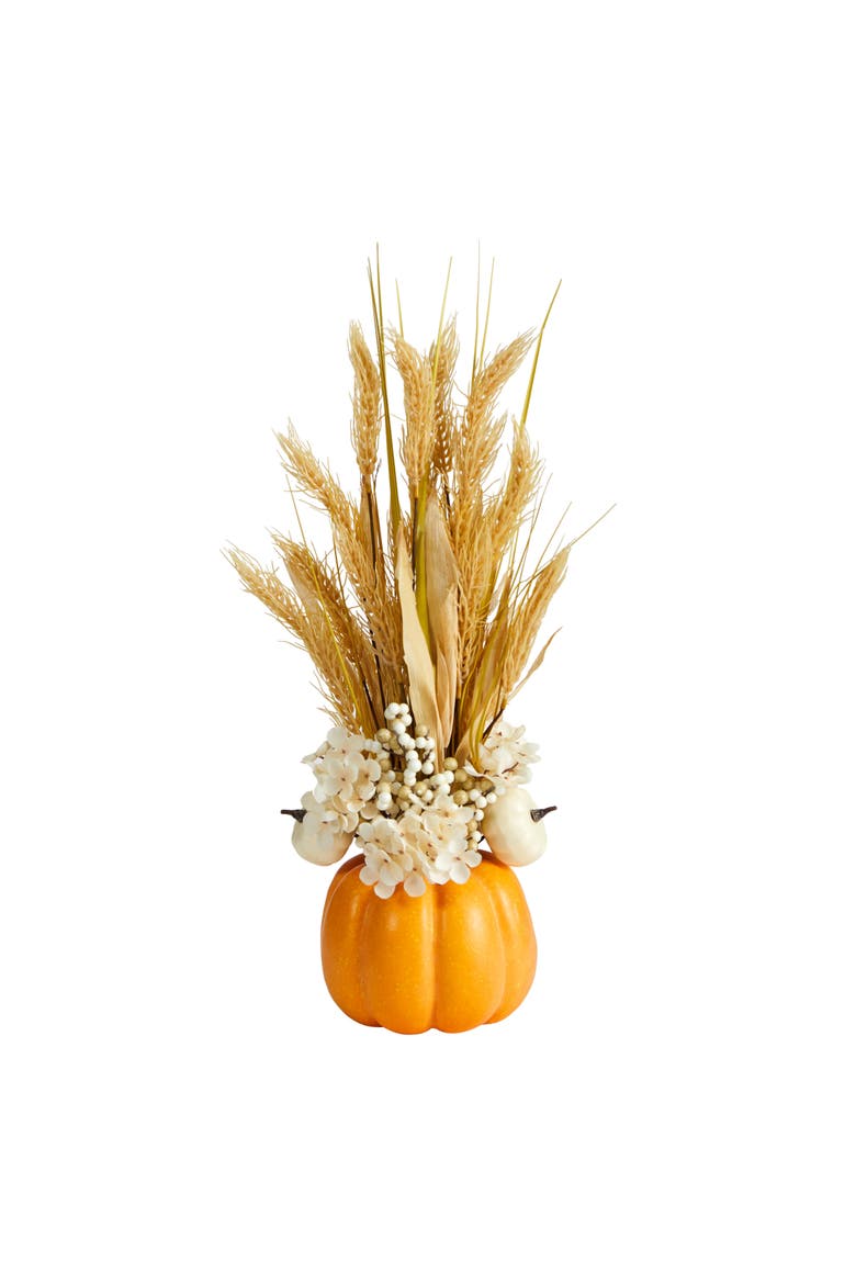 21-in Autumn Dried Wheat and Pumpkin Artificial Fall Arrangement in Decorative Pumpkin Vase, Main, color, Orange
